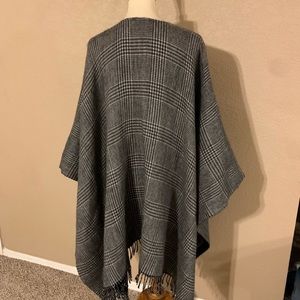French Wool Houndstooth Poncho Wrap Black White